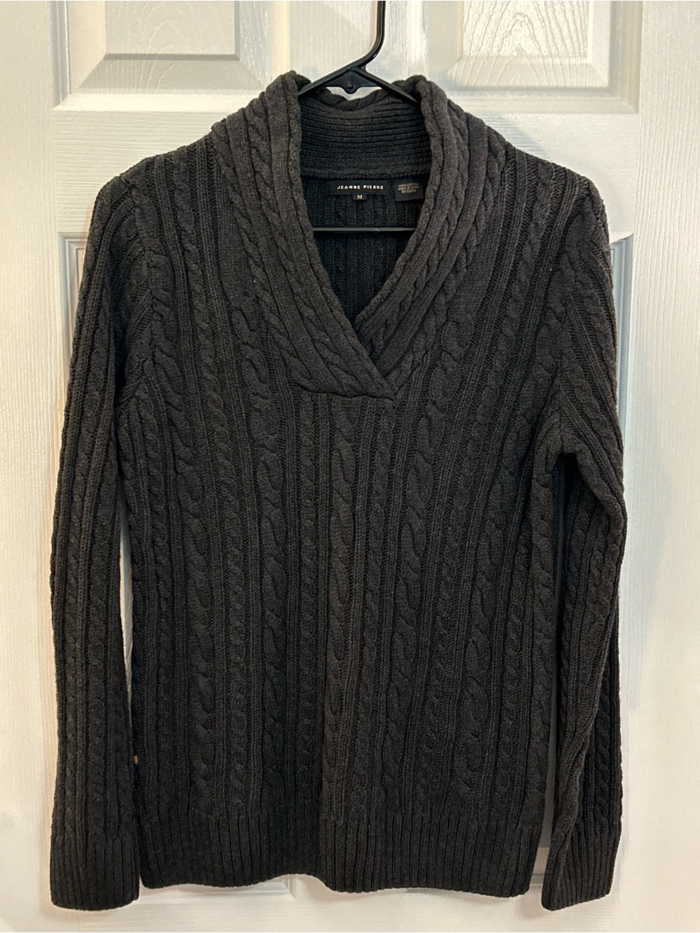 Jeanne Pierre Cable Knit Shawl Collar Sweater Medium Charcoal 100% Cotton